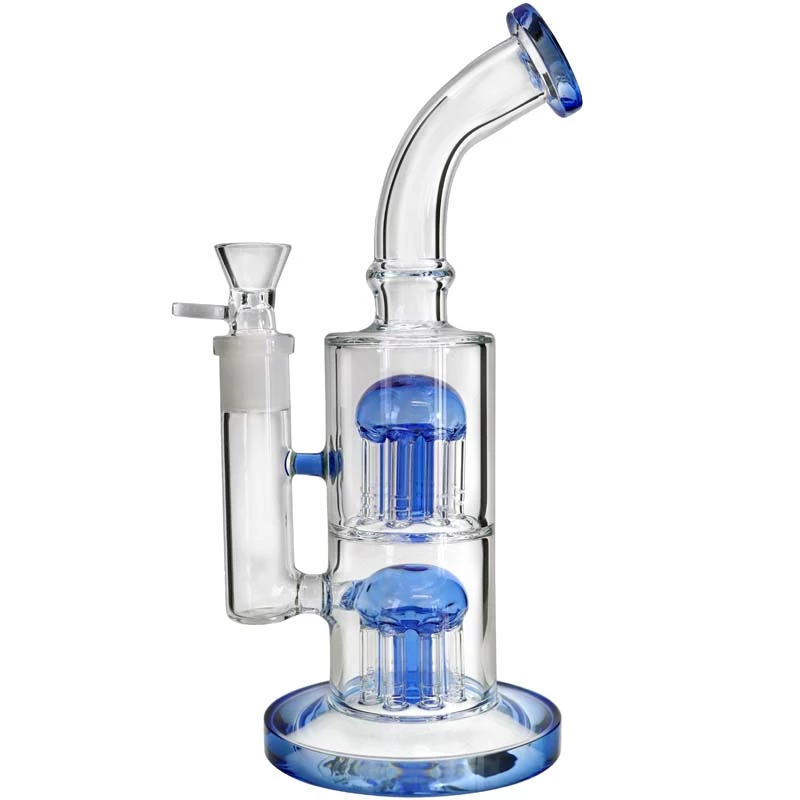 Sklenené bongo Double Jelly Blue 28 cm - priehľadné sklenené bongo s modrými prvkami a vstavaným downpipepom - pohľad zo strany