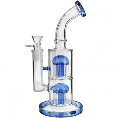Sklenené bongo Double Jelly Blue 28 cm - priehľadné sklenené bongo s modrými prvkami a vstavaným downpipepom - pohľad zo strany