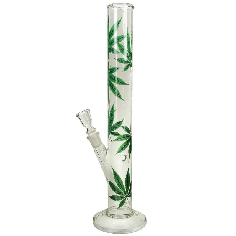 Sklenený Bong Canna2 32 cm - priehľadné bongo zdobené motívom konopných listov a disponujúce turbom - pohľad zboku Sklenený Bong Canna2 32 cm - priehľadné bongo zdobené motívom konopných listov a disponujúce turbom - pohľad zboku
