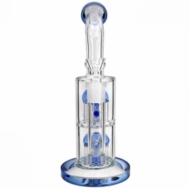 Sklenené bongo Double Jelly Blue 28 cm - priehľadné sklenené bongo s modrými prvkami a vstavaným downpipepom - pohľad spredu