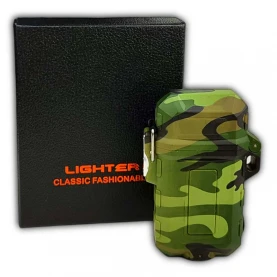 USB plazmový zapalovač Survival - Camo zelená vedľa krabice