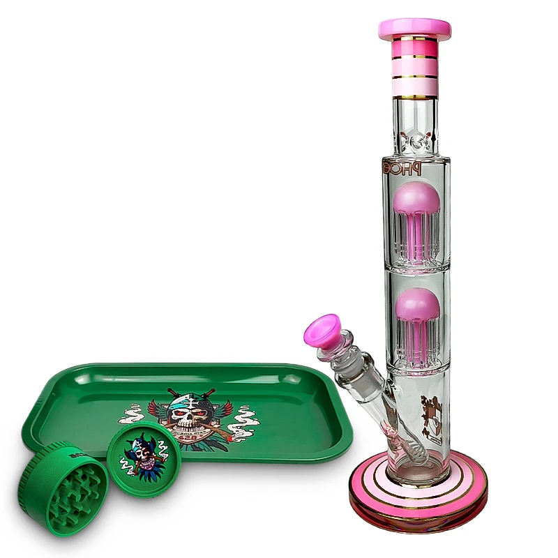 Sklenené bongo ružovej farby Phoenix double 8arm percs gold line v sete so Roll-Tray táckou a drvičkou zelenej farby