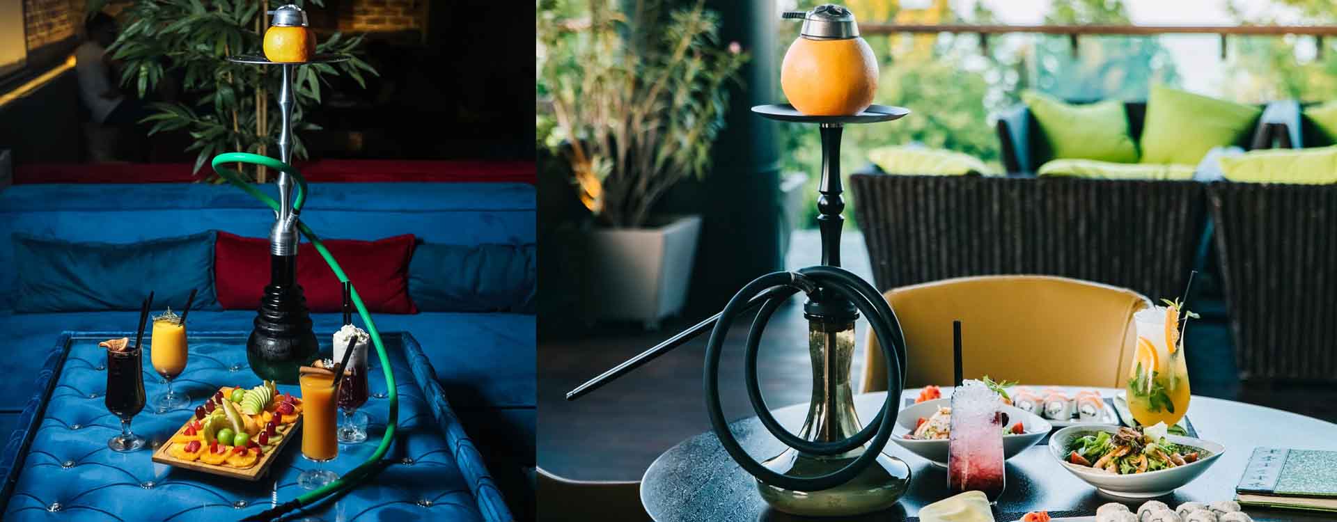 Vodná fajka pripravená v luxusnom prostredí na stoloch obložených občerstvením