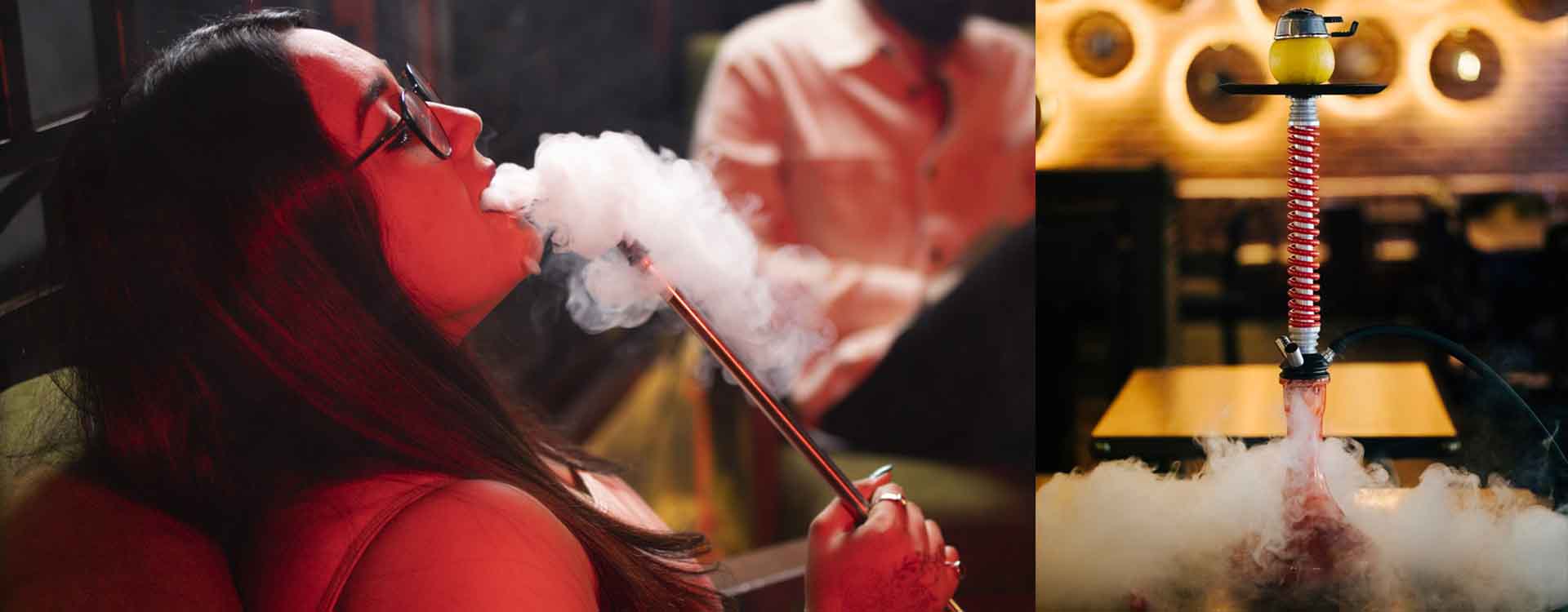 Mladá žena vydychuje paru z vodnej fajky, moderná farebná vodná fajka pripravená na fajčenie